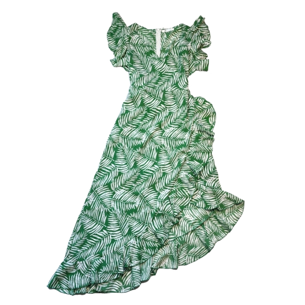 Cupshe Ruffled Asymmetrical Midi Dress Cap Sleeve Green Leaves Size Large